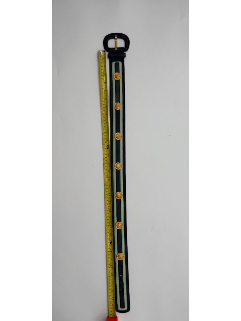 Vintage Escada Belt West Germany Navy/Green Gold Medallion Leather Belt EU 38 /S - Picture 10 of 12